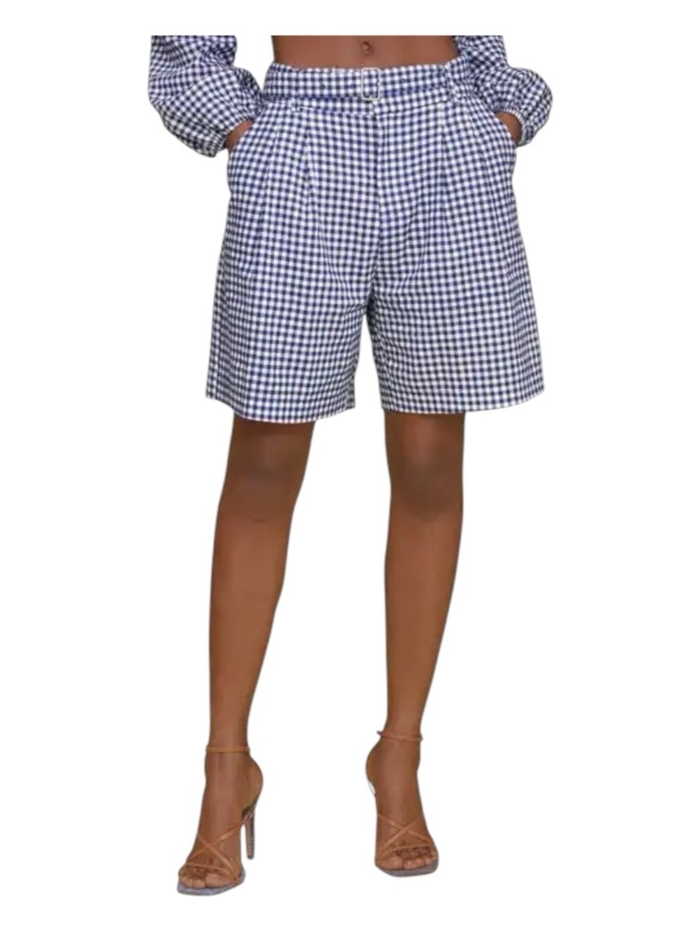 NEW Avec Les Filles Tailored Linen Blend Gingham Belted Bermuda Shorts Size 0